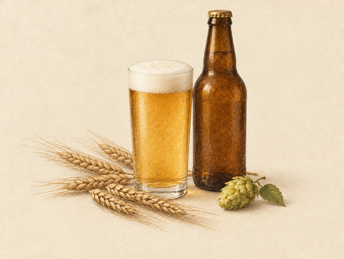 KI-Illustration: Goldenes Lagerbier mit weisser Schaumkrone neben einer braunen Flasche, Gerste und Hopfen