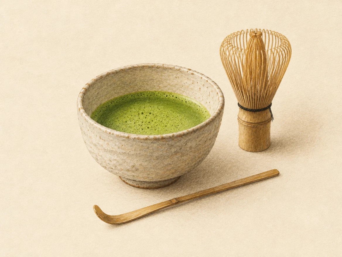 KI-Illustration: Schale mit grünem Matcha, Bambusbesen und schmalem Bambuslöffel