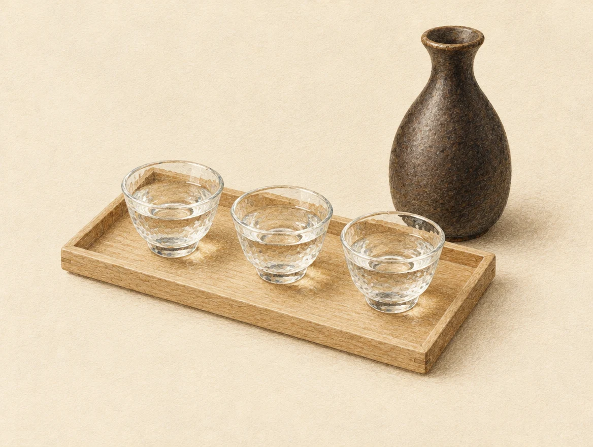 KI-Illustration: Drei gleiche Gläser mit klarem Sake neben einer unbeschrifteten dunklen Flasche