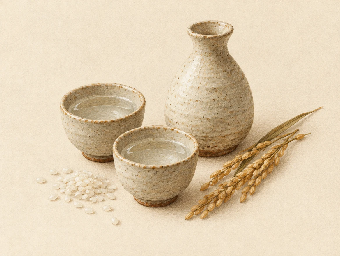 KI-Illustration: Helle Tokkuri-Karaffe und zwei kleine Sake-Becher neben Reiskörnern