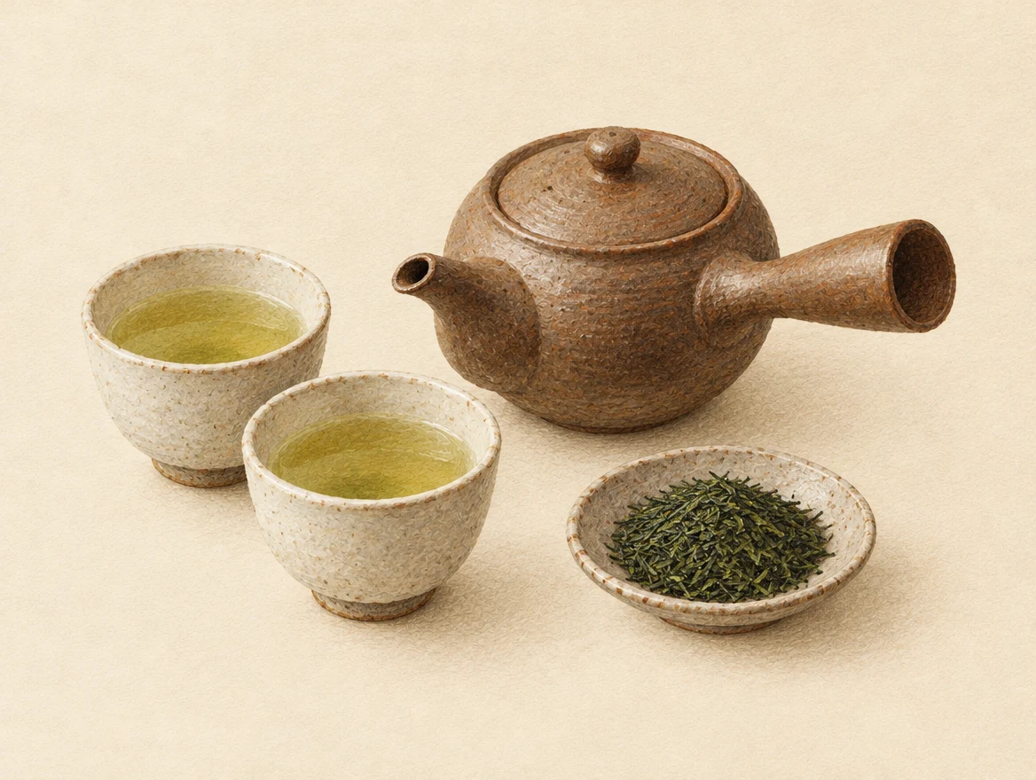 KI-Illustration: Seitlich gegriffene Kyusu, zwei Tassen gelbgrüner Tee und nadelförmige Sencha-Blätter