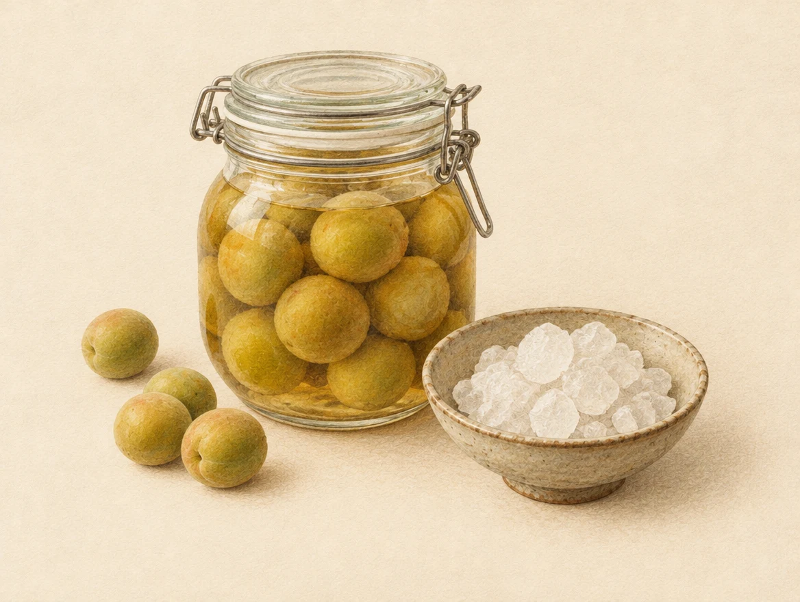 KI-Illustration: Glas mit eingelegten Ume-Früchten neben Kandiszucker