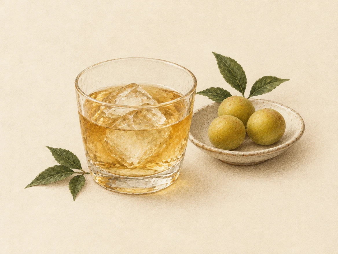 KI-Illustration: Glas mit bernsteinfarbenem Umeshu und Eis neben gelbgrünen Ume-Früchten