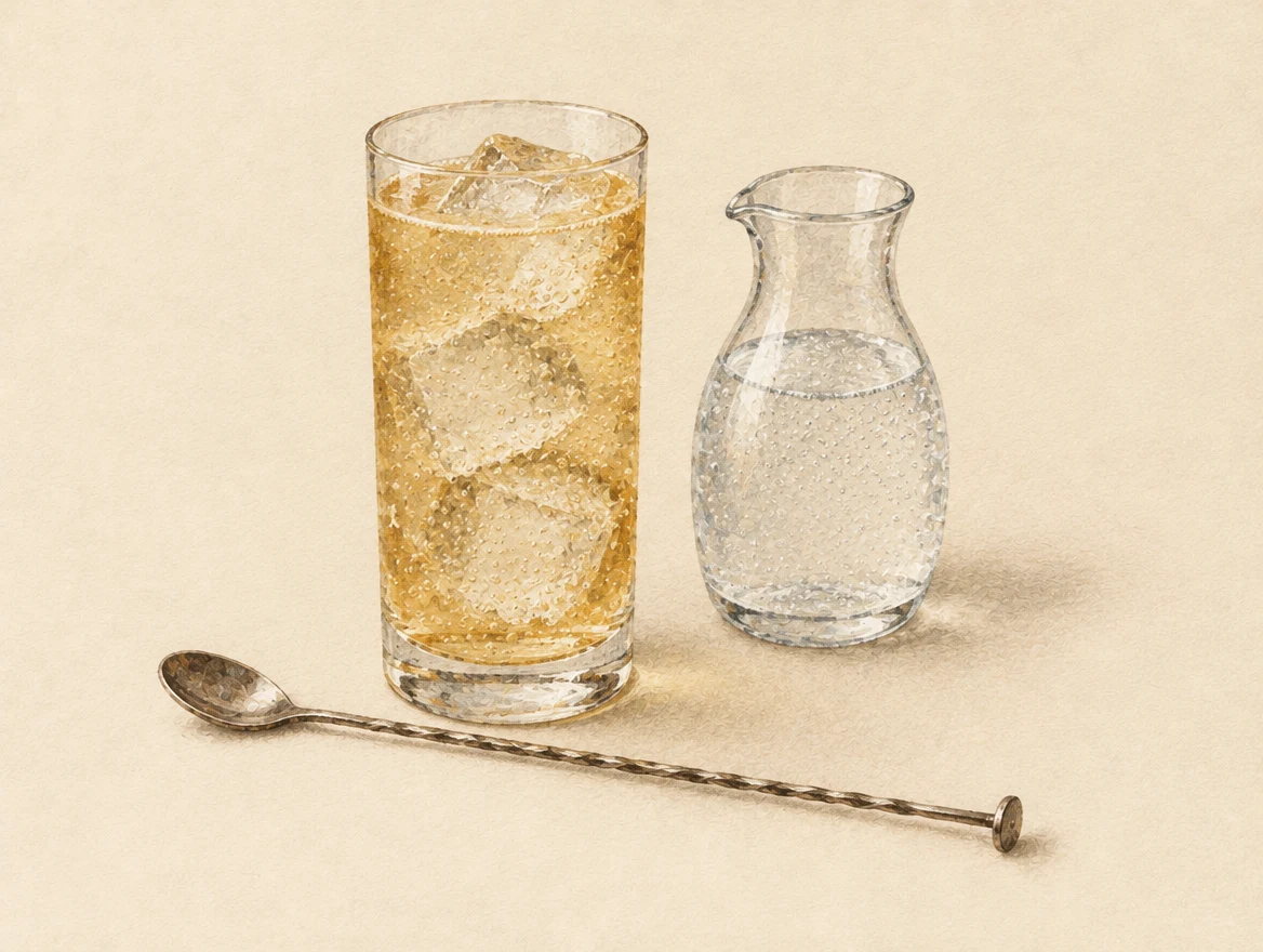 KI-Illustration: Hohes Glas mit Whisky, Soda und Eis neben einer Wasserkaraffe