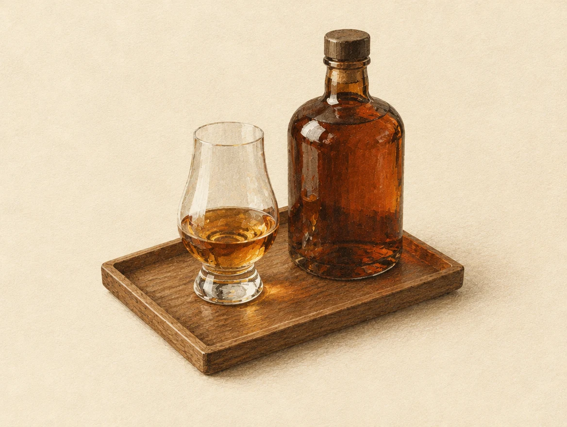 KI-Illustration: Tulpenförmiges Glas mit bernsteinfarbenem Whisky neben einer unbeschrifteten Flasche