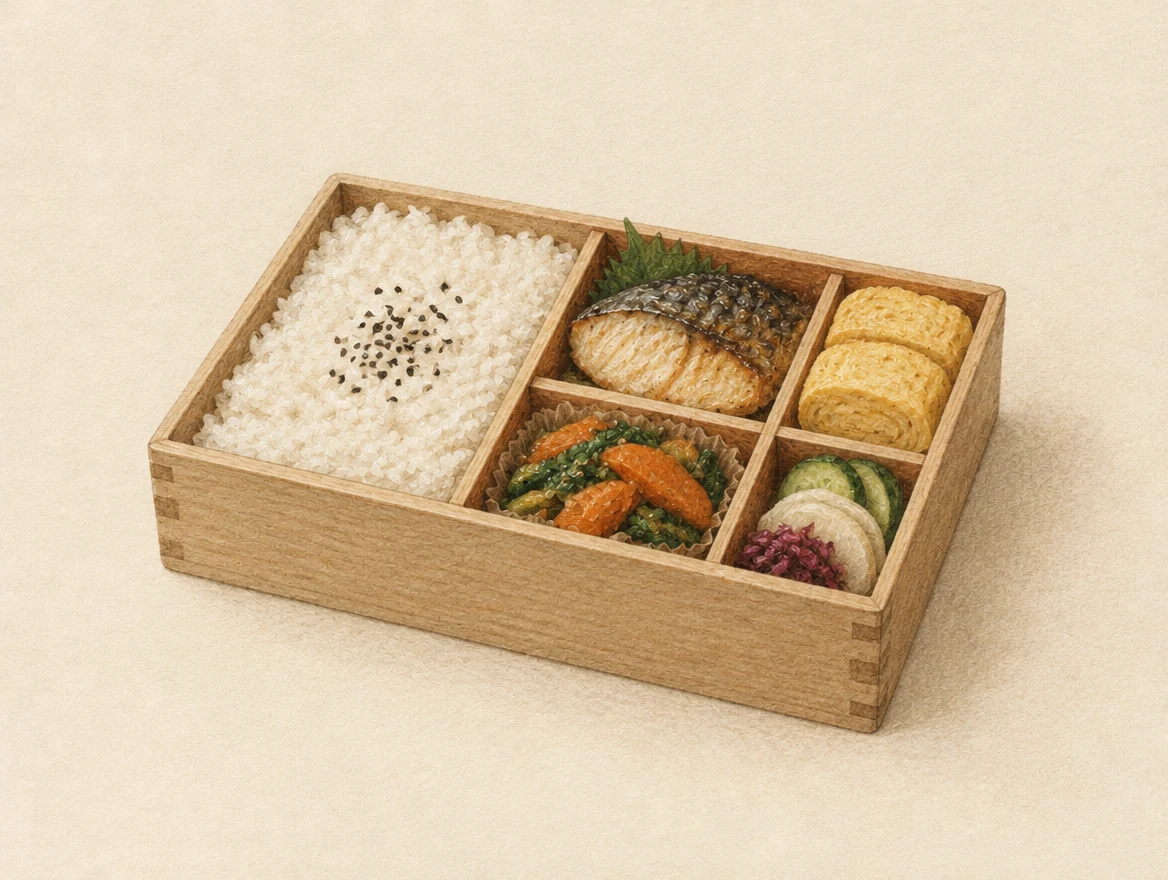 KI-Illustration: Bento-Box mit Reis, Fisch, Omelett, Gemüse und getrennten Beilagen