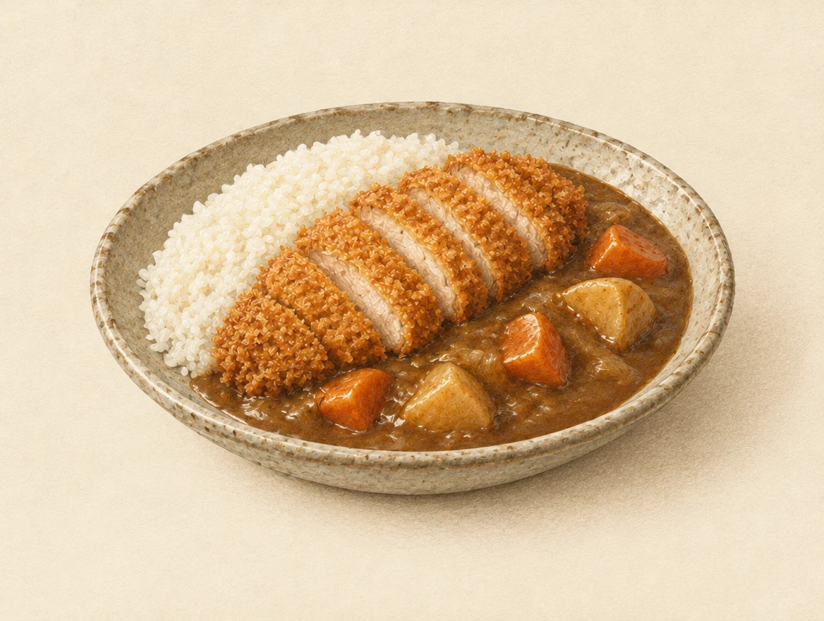 KI-Illustration: Japanisches Curry mit Reis und geschnittenem paniertem Katsu
