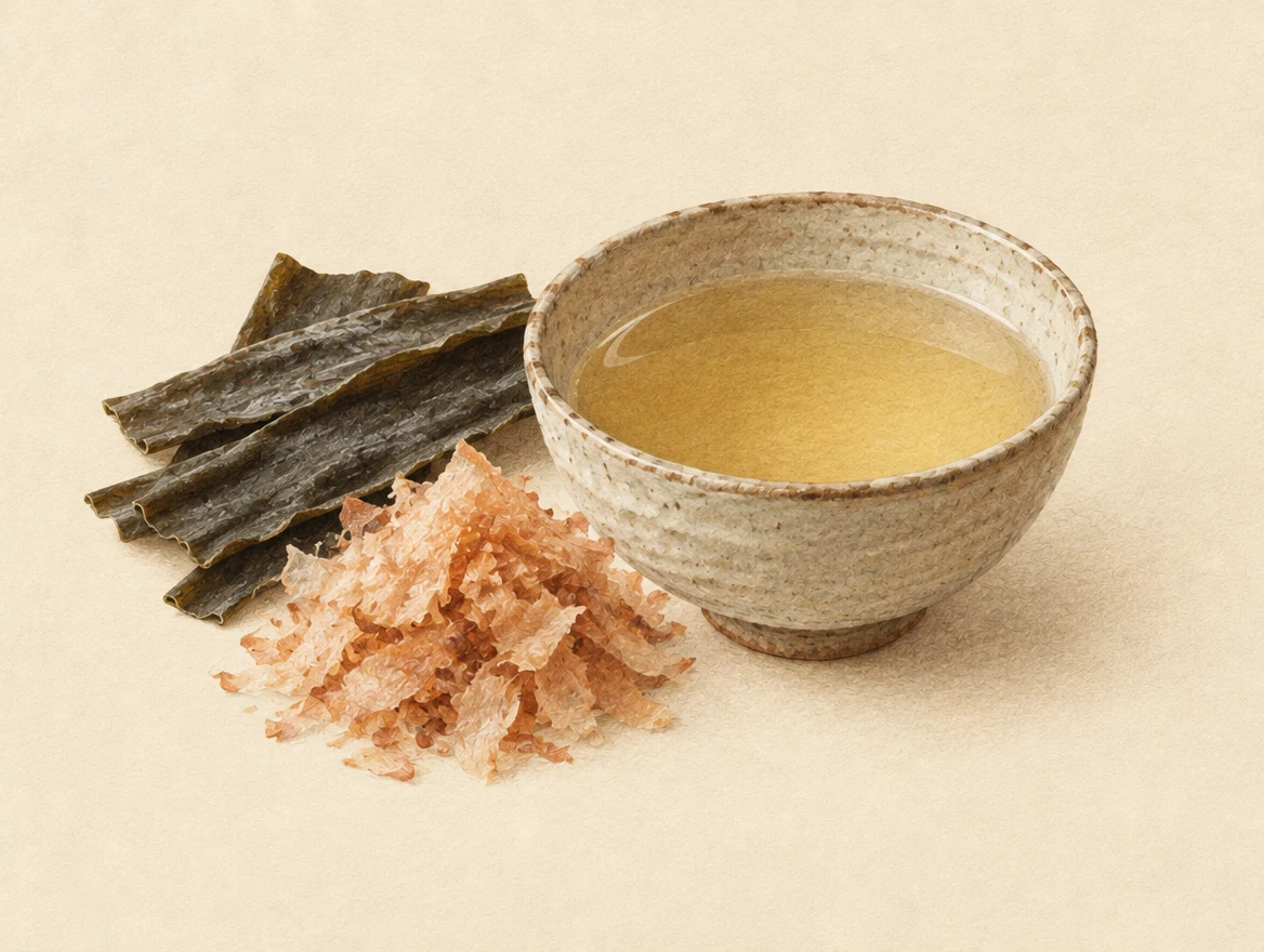 KI-Illustration: Goldene Dashi-Brühe neben Kombu und Bonitoflocken