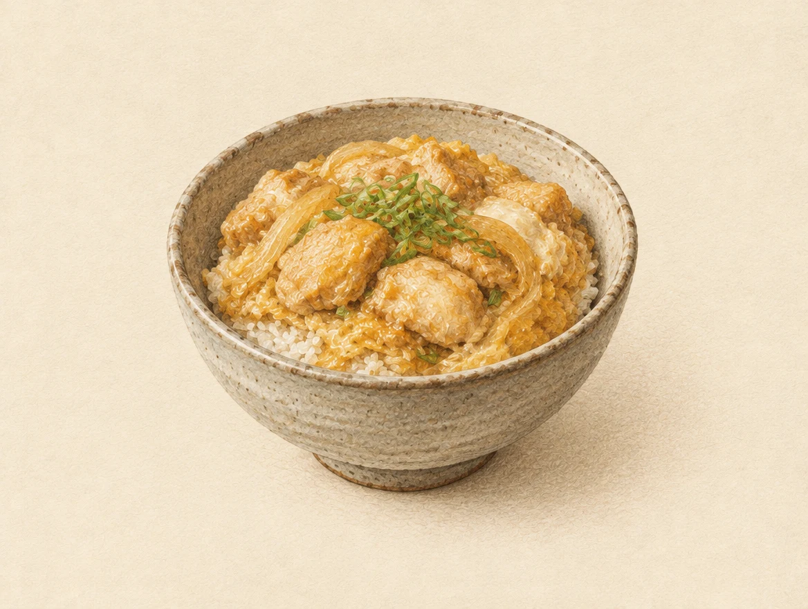 KI-Illustration: Donburi-Schale mit Reis, Huhn und Ei