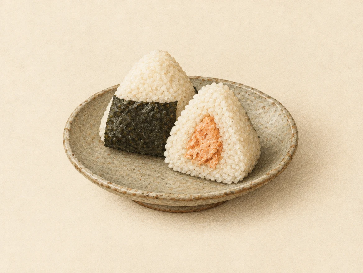 KI-Illustration: Onigiri mit Nori und sichtbarer Lachsfüllung auf einem Keramikteller