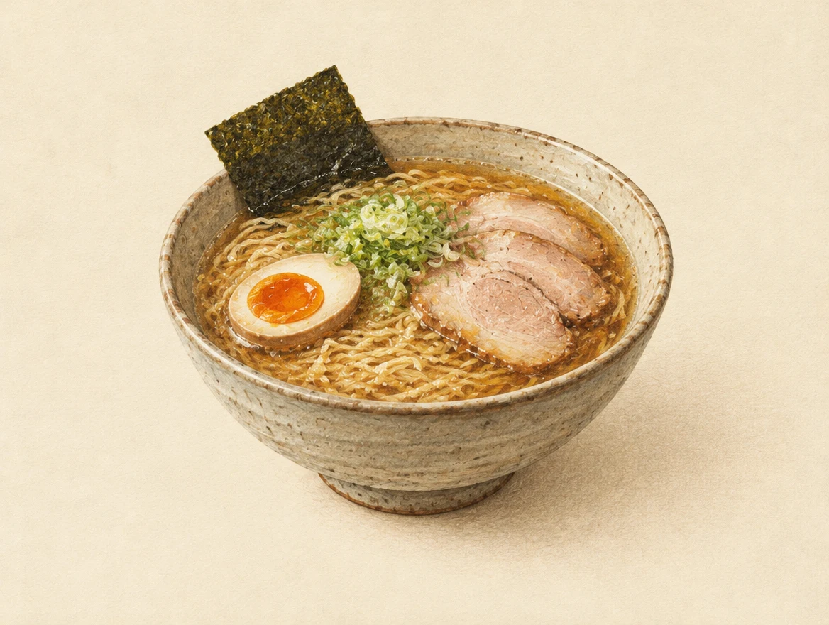 KI-Illustration: Ramen-Schale mit Nudeln, Brühe, Ei, Nori und Fleischscheiben