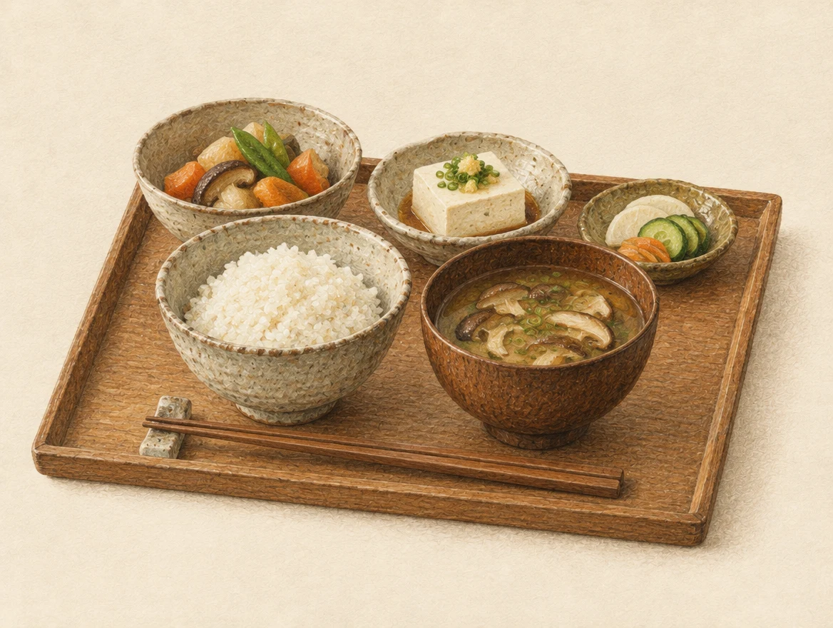 KI-Illustration: Pflanzliche Mahlzeit mit Reis, Suppe, Tofu, Gemüse und Pickles auf einem Tablett