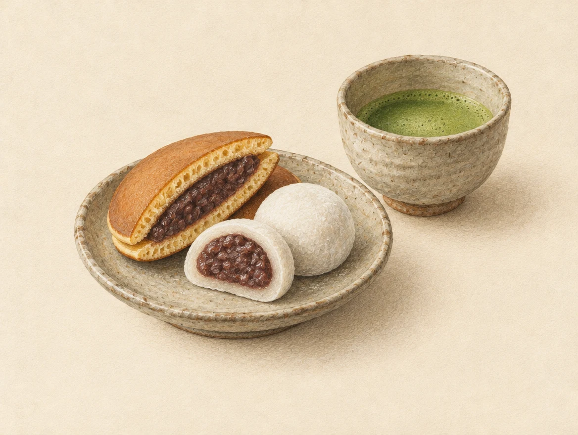 KI-Illustration: Dorayaki und Mochi mit Bohnenfüllung neben einer Tasse Matcha