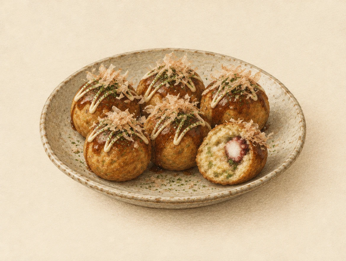 KI-Illustration: Takoyaki mit Sauce und Bonitoflocken, eine Kugel im Anschnitt