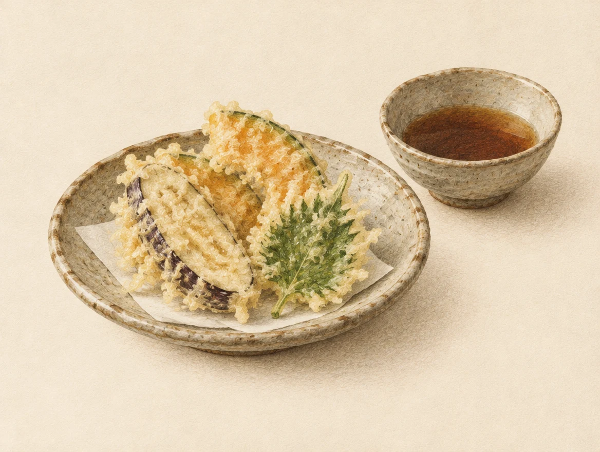 KI-Illustration: Gemüse-Tempura mit dünner Teighülle und separatem Dip