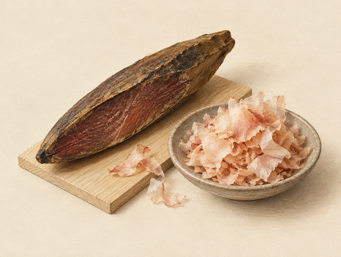 KI-Illustration: getrockneter Katsuobushi-Block auf einem Holzbrett neben feinen Bonitoflocken