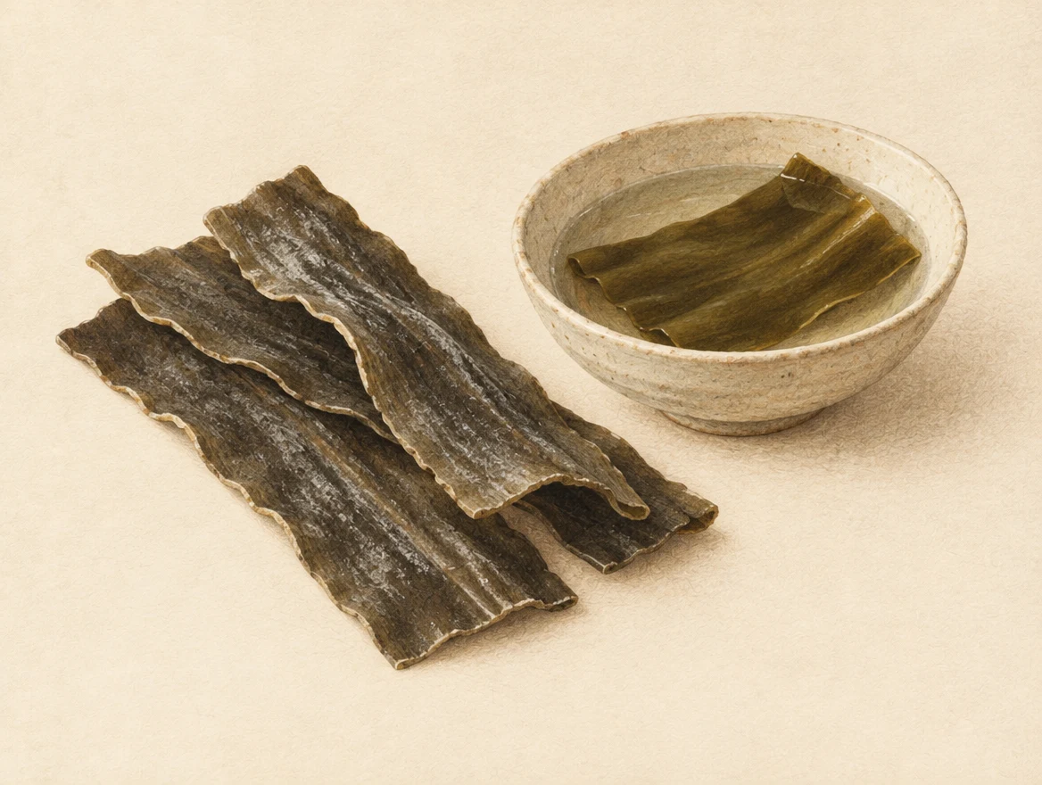 KI-Illustration: getrocknete Kombu-Streifen neben eingeweichtem Kombu in einer Schale
