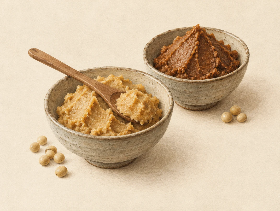 KI-Illustration: helle und dunkle Miso-Paste in Keramikschalen mit Holzlöffel und Sojabohnen