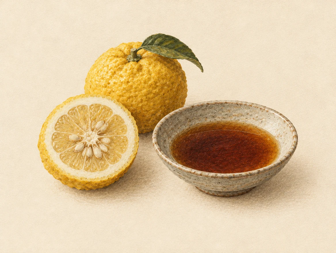 KI-Illustration: ganze und halbierte Yuzu neben einer Schale bernsteinbrauner Ponzu-Sauce