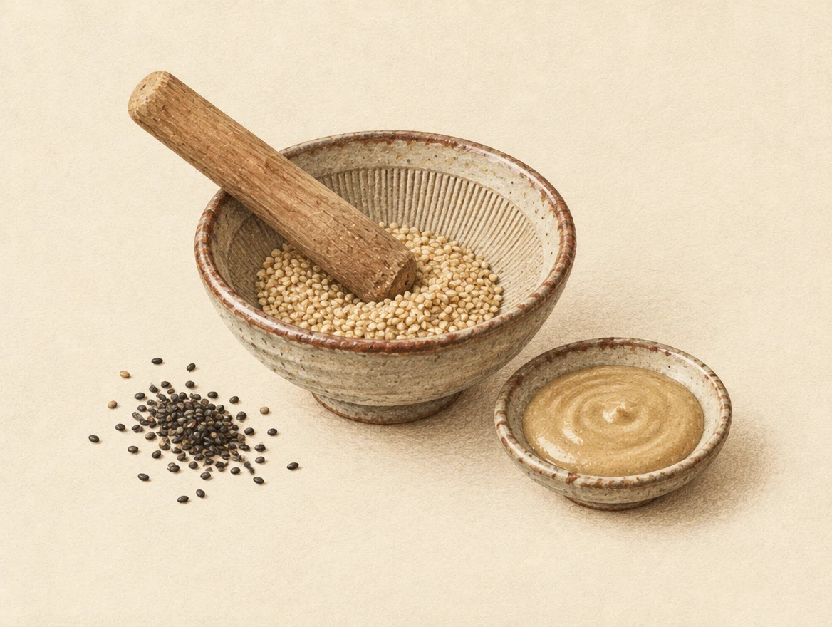 KI-Illustration: gerillter Suribachi mit Holzstössel und hellem Sesam neben schwarzen Samen und Sesampaste