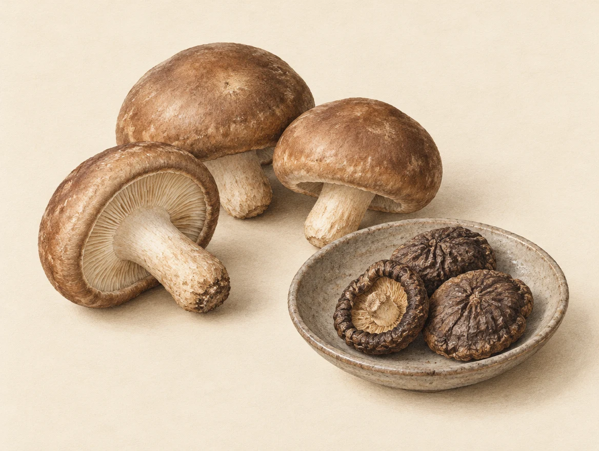 KI-Illustration: frische Shiitake mit sichtbaren Lamellen neben getrockneten Pilzen in einer Schale