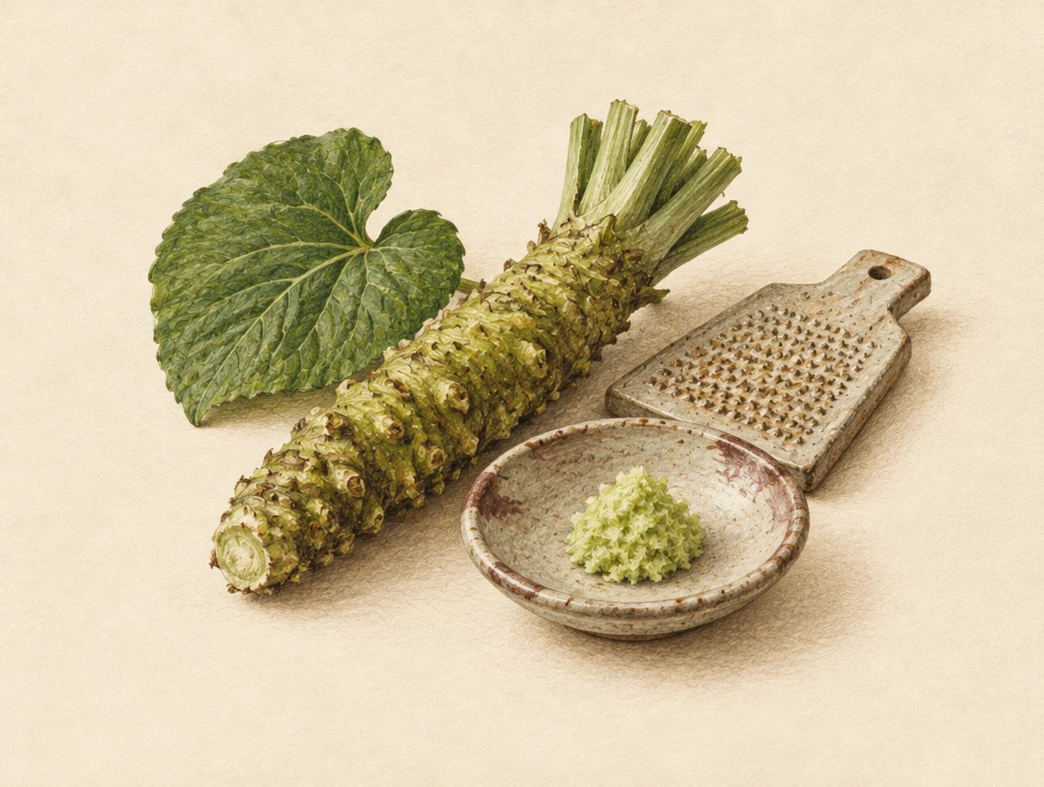 KI-Illustration: Wasabi-Rhizom und herzförmiges Blatt neben einer Reibe und geriebenem Wasabi