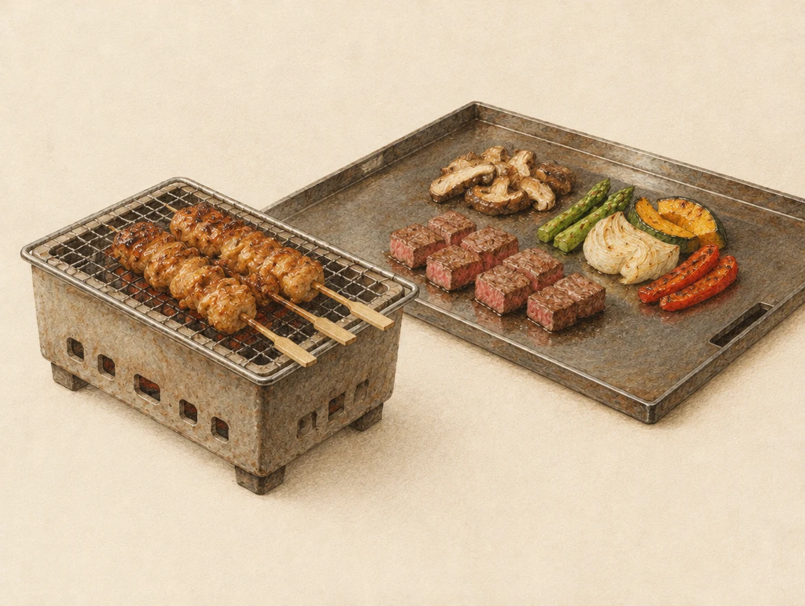 KI-Illustration: Rost mit Pouletspiessen neben einer flachen Teppan-Platte mit Fleisch und Gemüse
