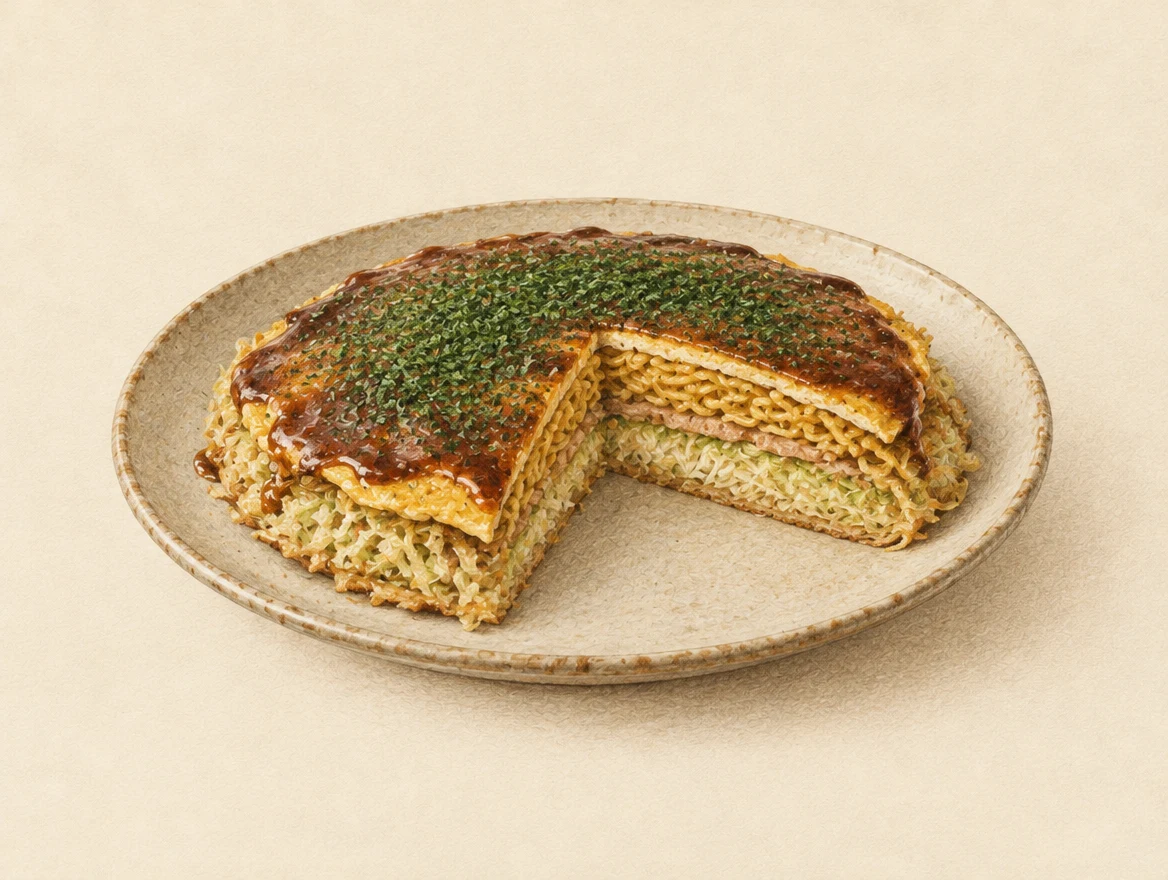 KI-Illustration: Angeschnittenes Hiroshima-Okonomiyaki mit erkennbaren Kohl-, Nudel- und Eierschichten