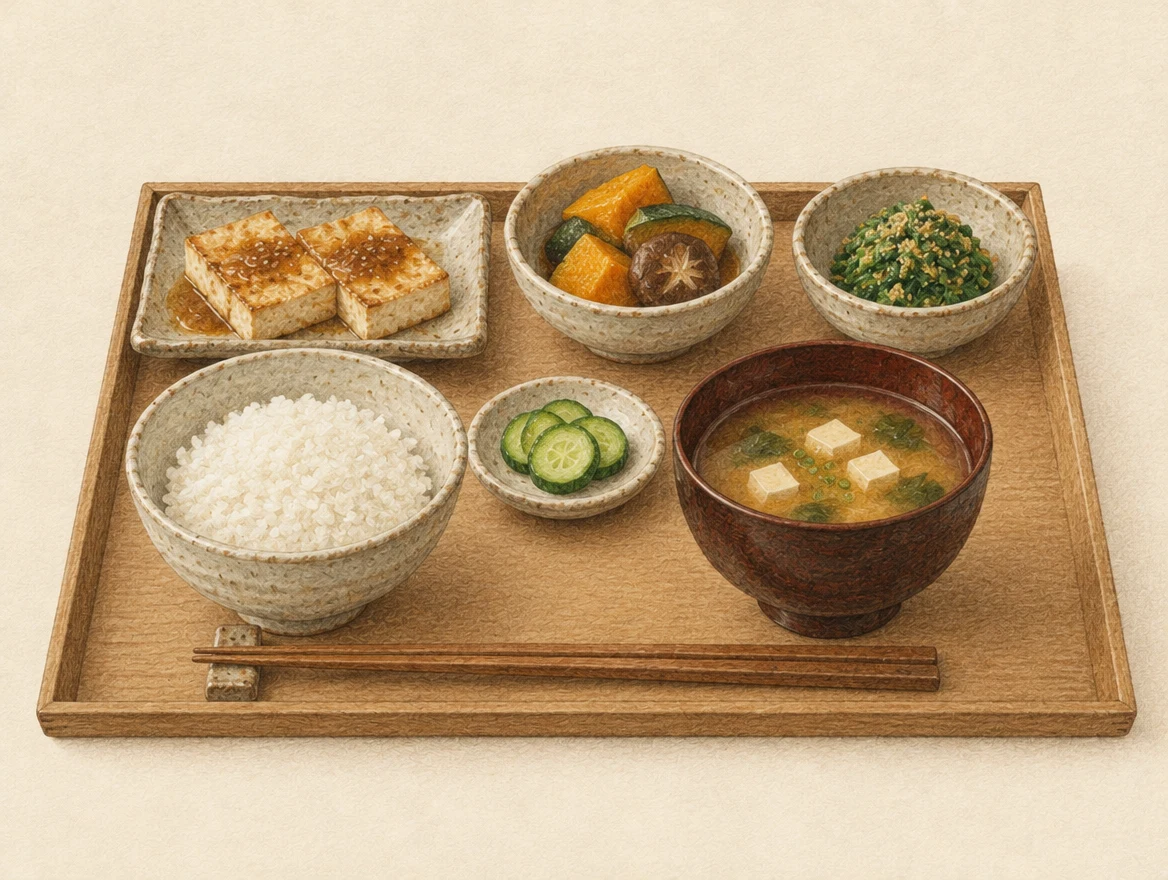 KI-Illustration: Tablett mit Reis, Suppe, drei Speisen aus Tofu, Kürbis mit Shiitake und Spinat sowie einer kleinen Gurkenbeilage