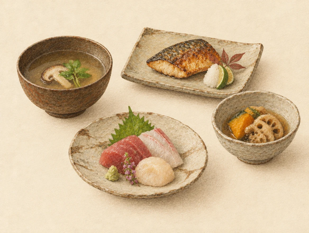 KI-Illustration: Beispielhafte kleine japanische Speisen in verschiedenen Gefässen: Suppe, gegrillter Fisch, Gemüse und Sashimi