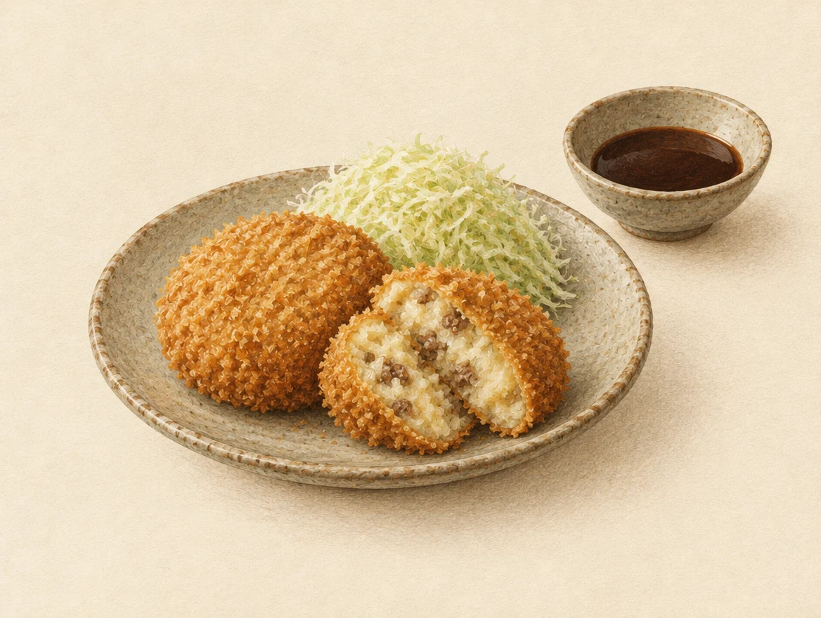 KI-Illustration: Goldene Kartoffelkroketten mit angeschnittenem weichem Kartoffel-Fleisch-Kern