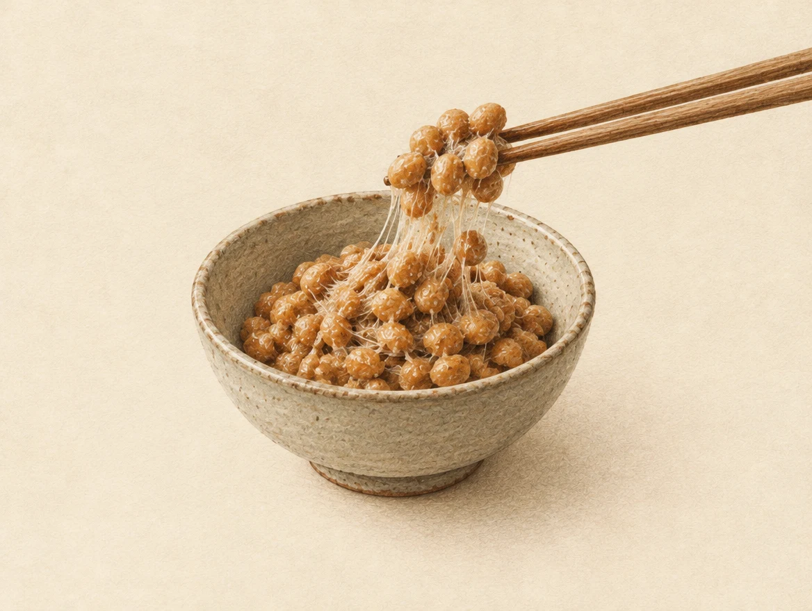 KI-Illustration: Nattō-Sojabohnen mit typischen feinen Fäden zwischen Schale und Stäbchen