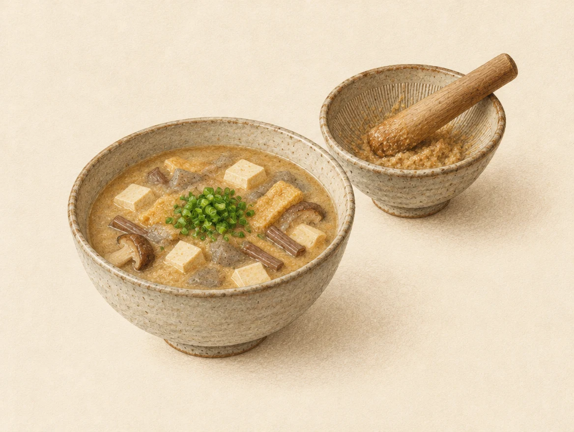 KI-Illustration: Nattō-jiru mit Tofu, Pilzen und Frühlingszwiebeln, daneben zerdrückter Nattō in einer Reibschale
