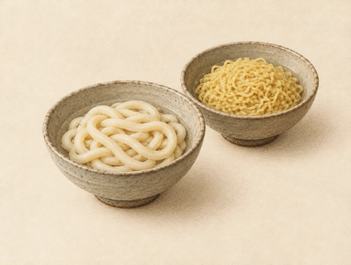 KI-Illustration: Dicke weisse Udon links und dünne gelbe Ramen-Nudeln rechts