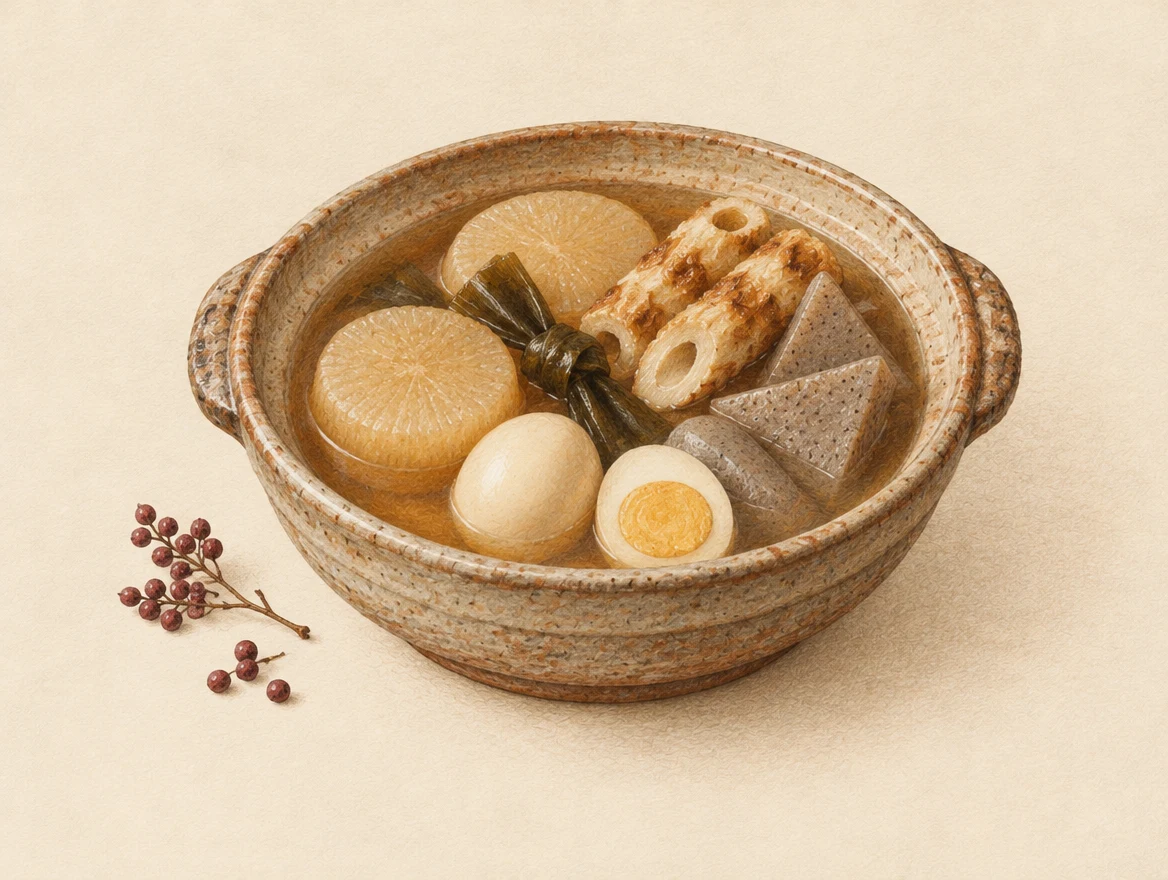 KI-Illustration: Oden-Topf mit Rettichscheiben, Eiern, Chikuwa, Konnyaku und Kombu