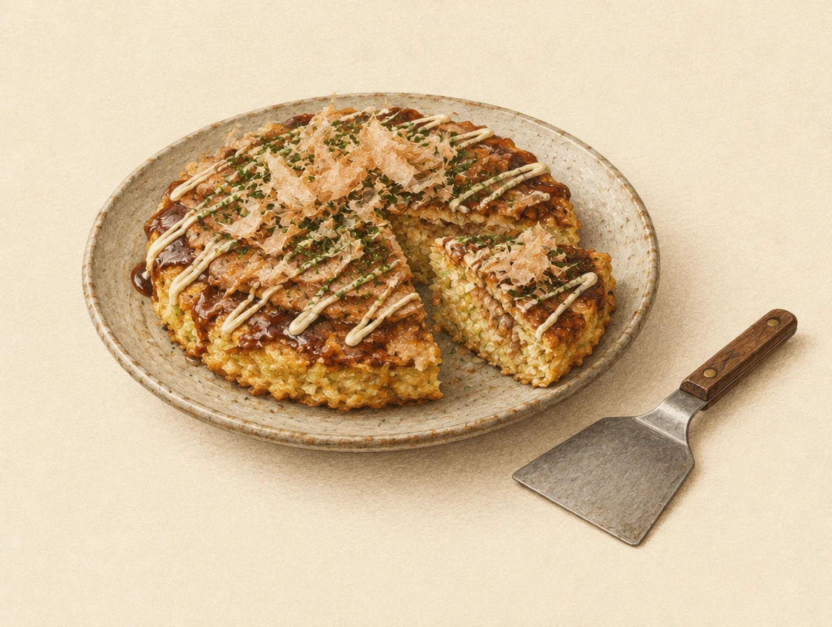 KI-Illustration: Gemischtes Osaka-Okonomiyaki mit angeschnittenem Stück, Kohl, Sauce und Auflagen