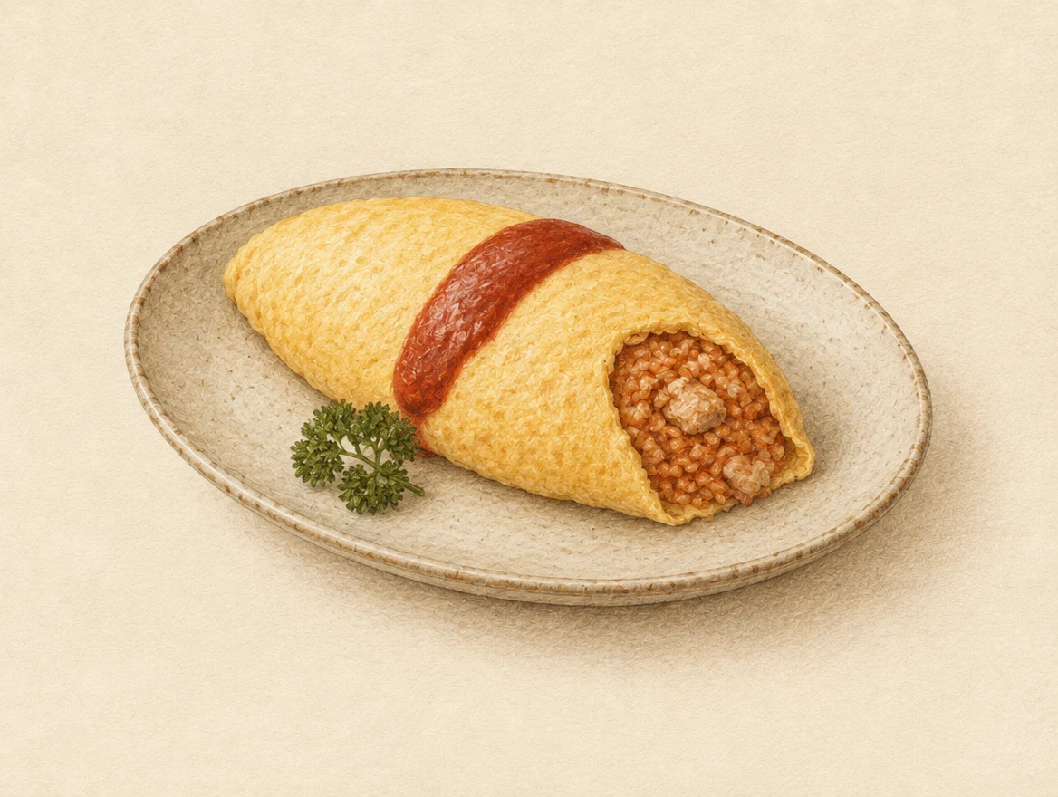 KI-Illustration: Omurice mit dünner Eierhülle und angeschnittener rötlicher Reisfüllung