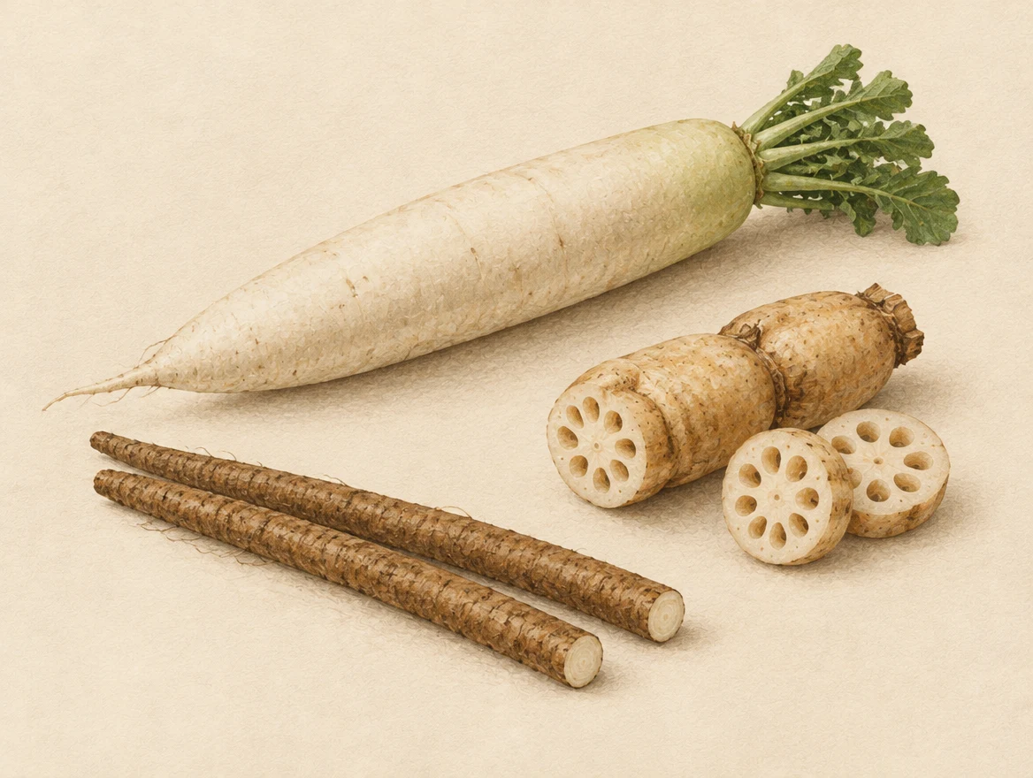 KI-Illustration: weisser Daikon-Rettich, angeschnittenes Lotus-Rhizom und lange braune Gobō-Wurzeln