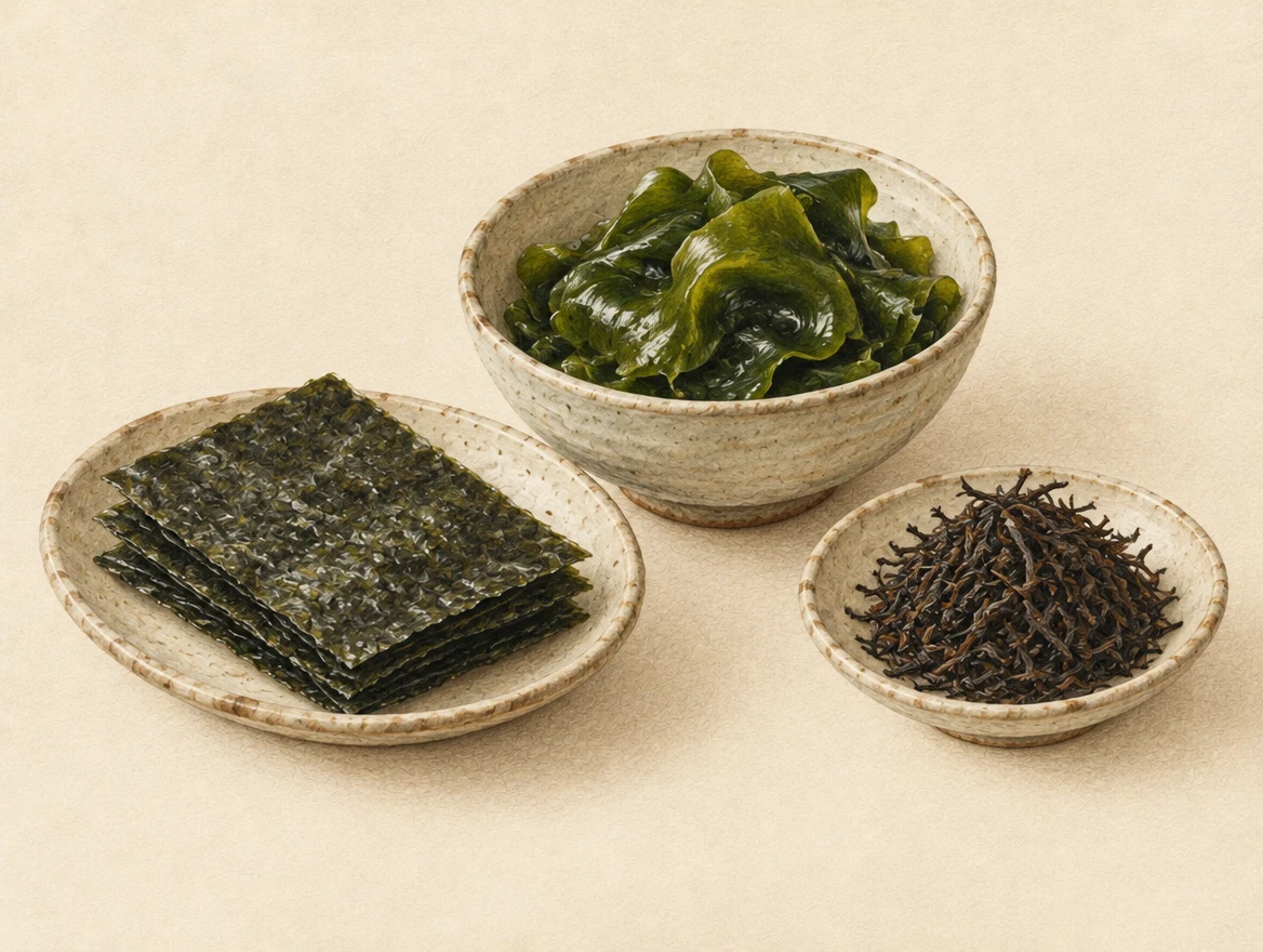 KI-Illustration: rechteckige Nori-Blätter, grünes Wakame und feines dunkles Hijiki getrennt angerichtet