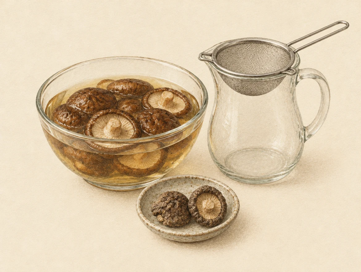 KI-Illustration: Eingeweichte Shiitake in bernsteinfarbenem Wasser, daneben trockene Pilze und ein Sieb über einem Gefäss