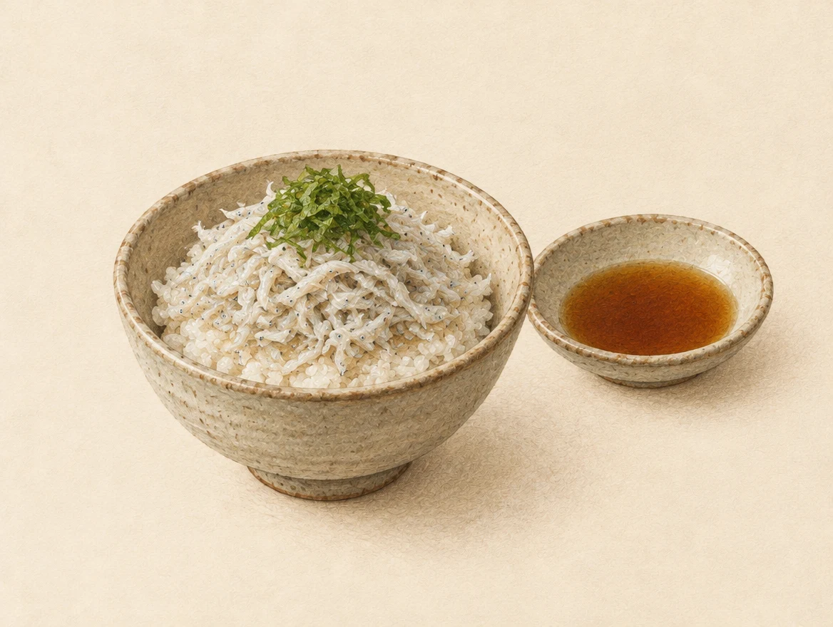 KI-Illustration: Reisschale mit kleinen weissen Shirasu-Fischen und Shiso, daneben Ponzu