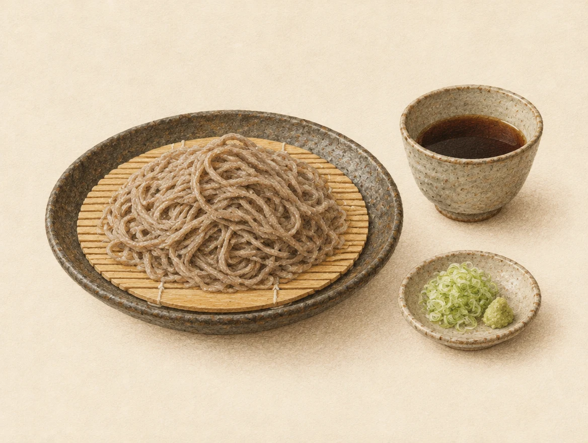 KI-Illustration: graubraune Soba-Nudeln auf einer Bambusmatte neben einer Schale Tsuyu