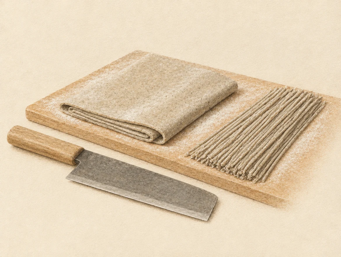 KI-Illustration: Ausgerollter und gefalteter Soba-Teig mit einem breiten Messer und geschnittenen Nudeln