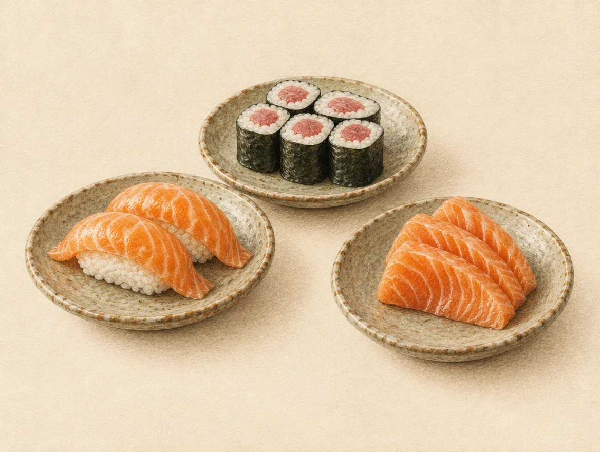 KI-Illustration: Lachs-Nigiri links, Thunfisch-Maki in der Mitte und Lachs-Sashimi rechts