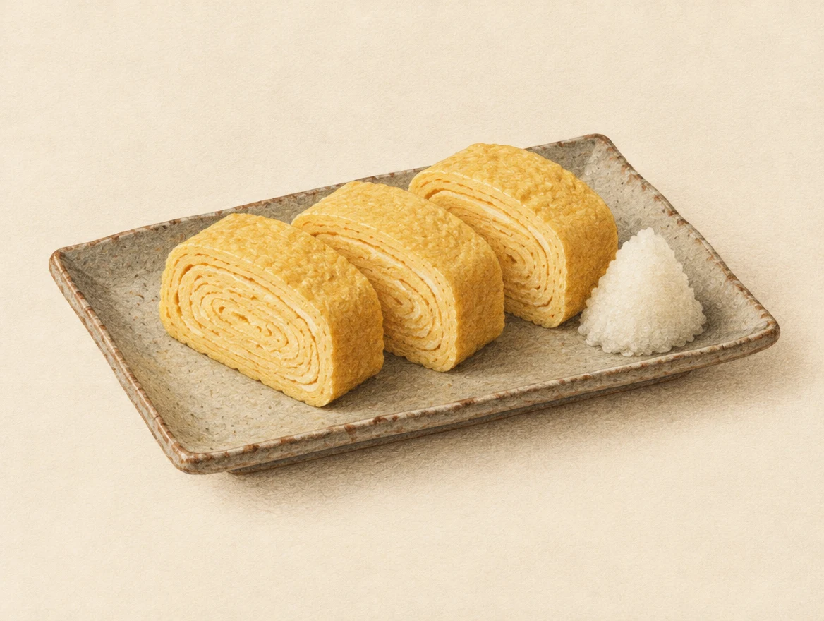 KI-Illustration: Drei goldene Tamagoyaki-Scheiben mit sichtbaren Eierschichten und geriebenem Rettich