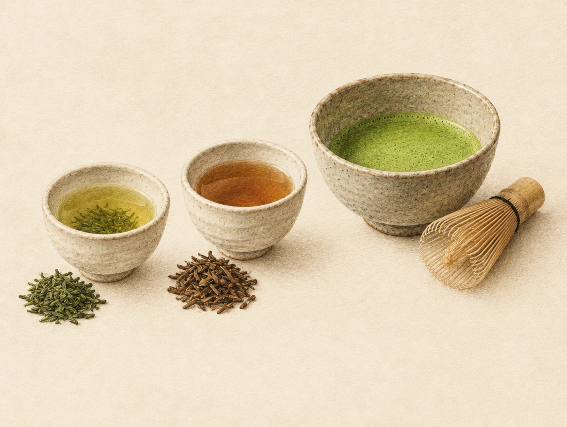 KI-Illustration: Drei Teezubereitungen: Sencha, Hōjicha und Matcha mit Bambusbesen