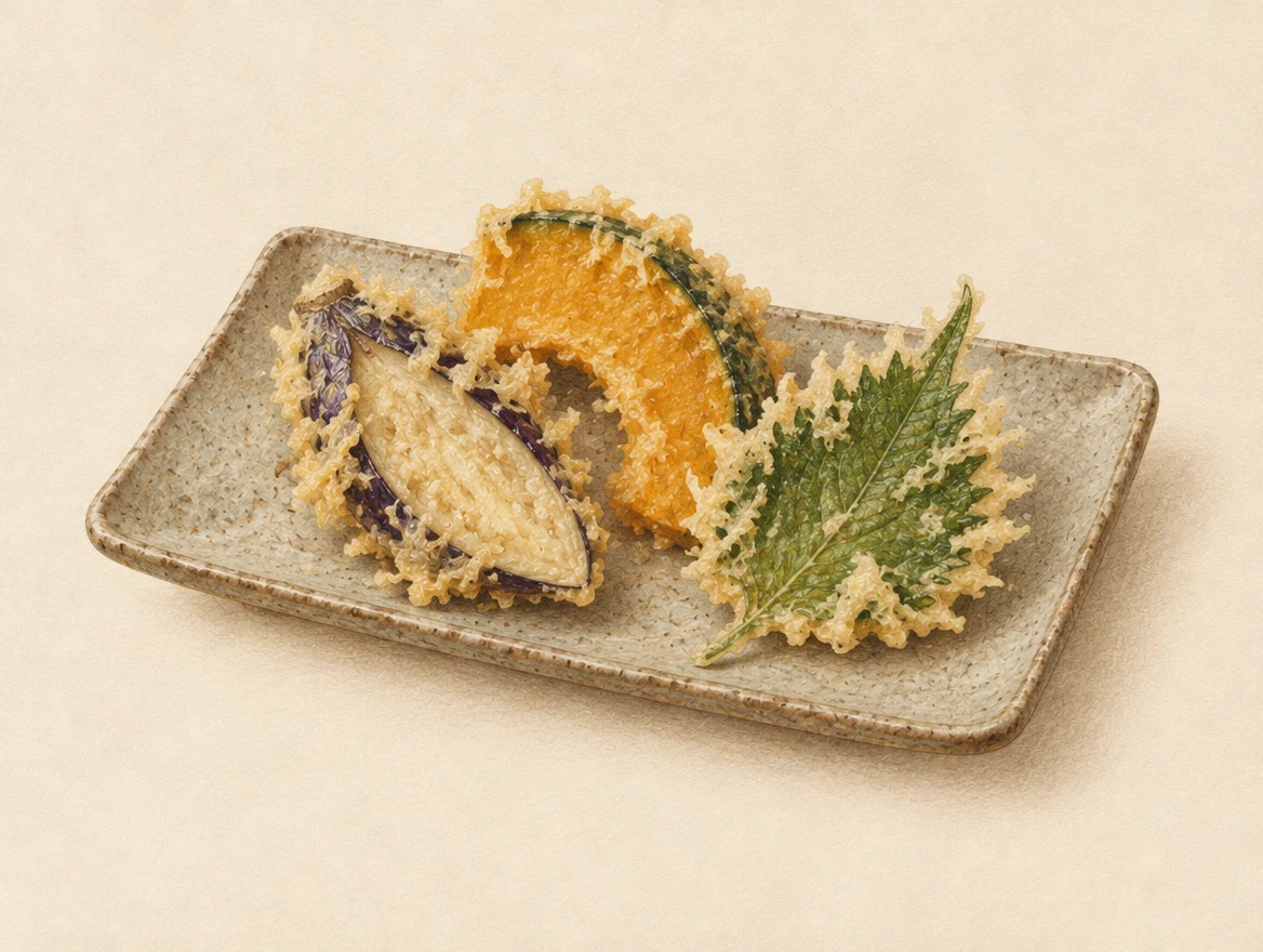 KI-Illustration: Aubergine, Kürbis und Shiso-Blatt mit dünner, unregelmässiger Tempura-Teighülle