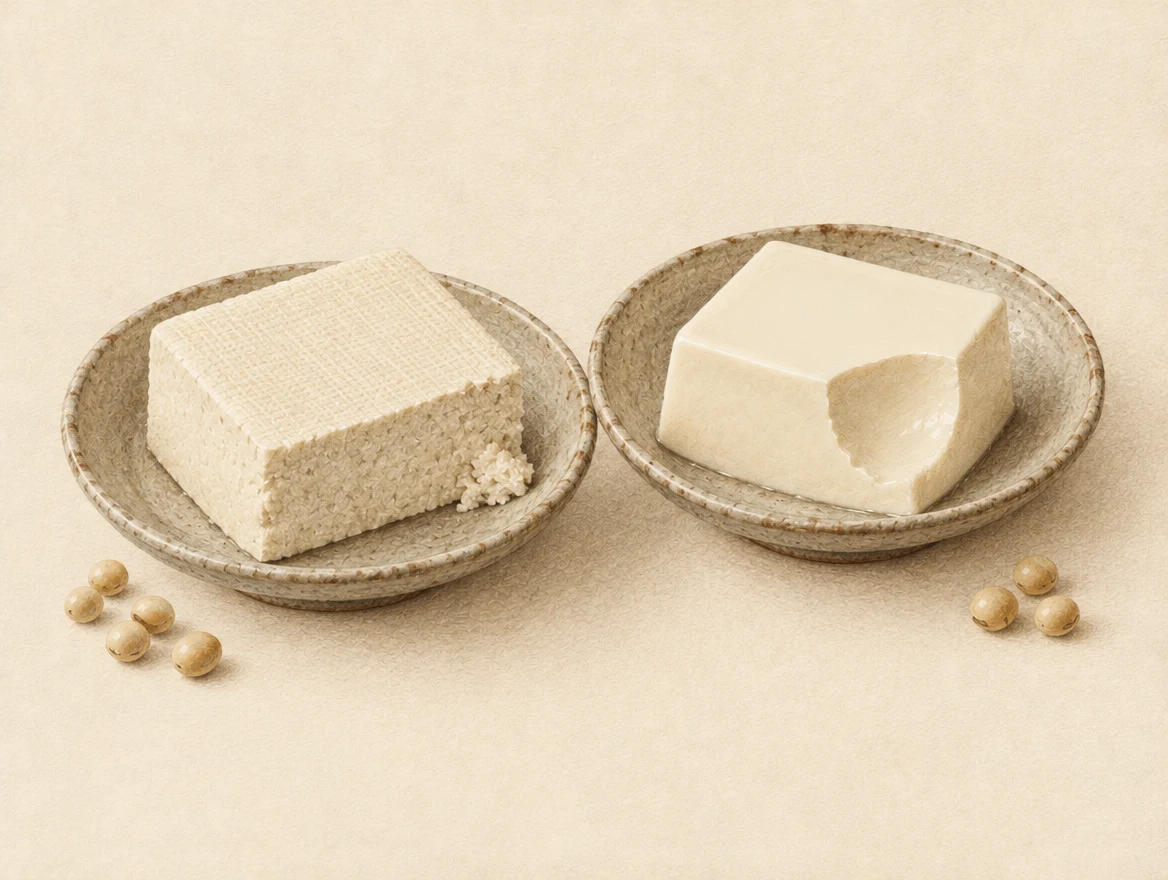 KI-Illustration: Momen-Tofu mit gröberer Bruchfläche neben glattem Kinugoshi-Seidentofu