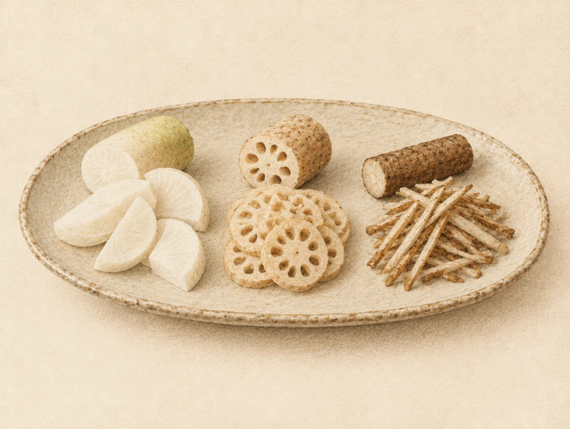 KI-Illustration: Daikon-Scheiben, gelochter Renkon-Anschnitt und feine Gobō-Streifen