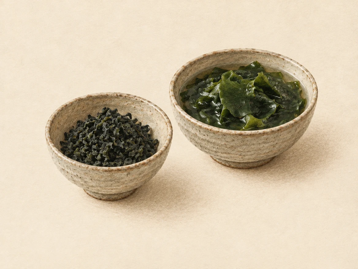 KI-Illustration: Kleine trockene Wakame-Stücke neben breiten eingeweichten grünen Wakame-Blättern